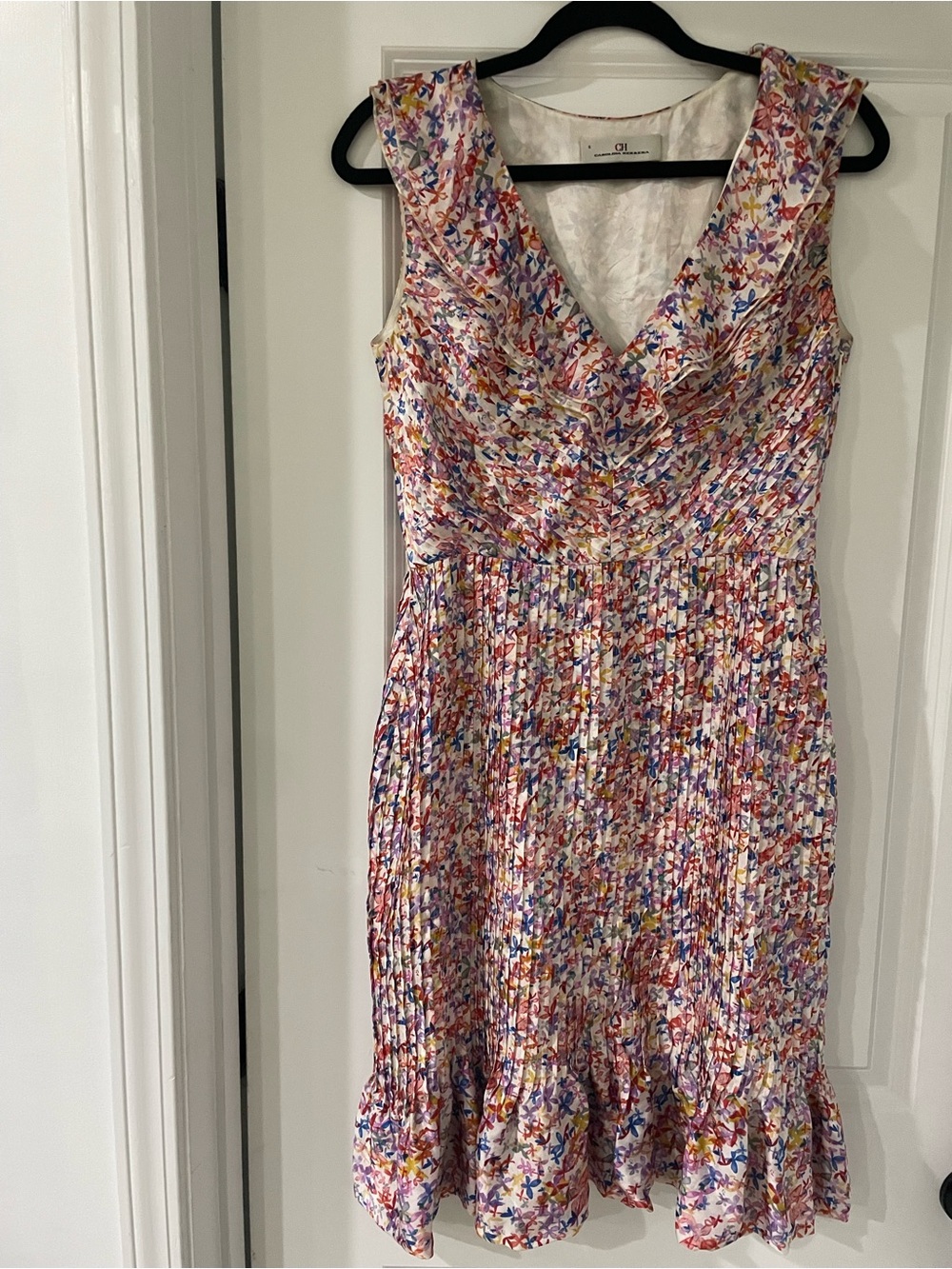 CH Carolina Herrera Multicolor Floral Pleated V-Neck Dress
